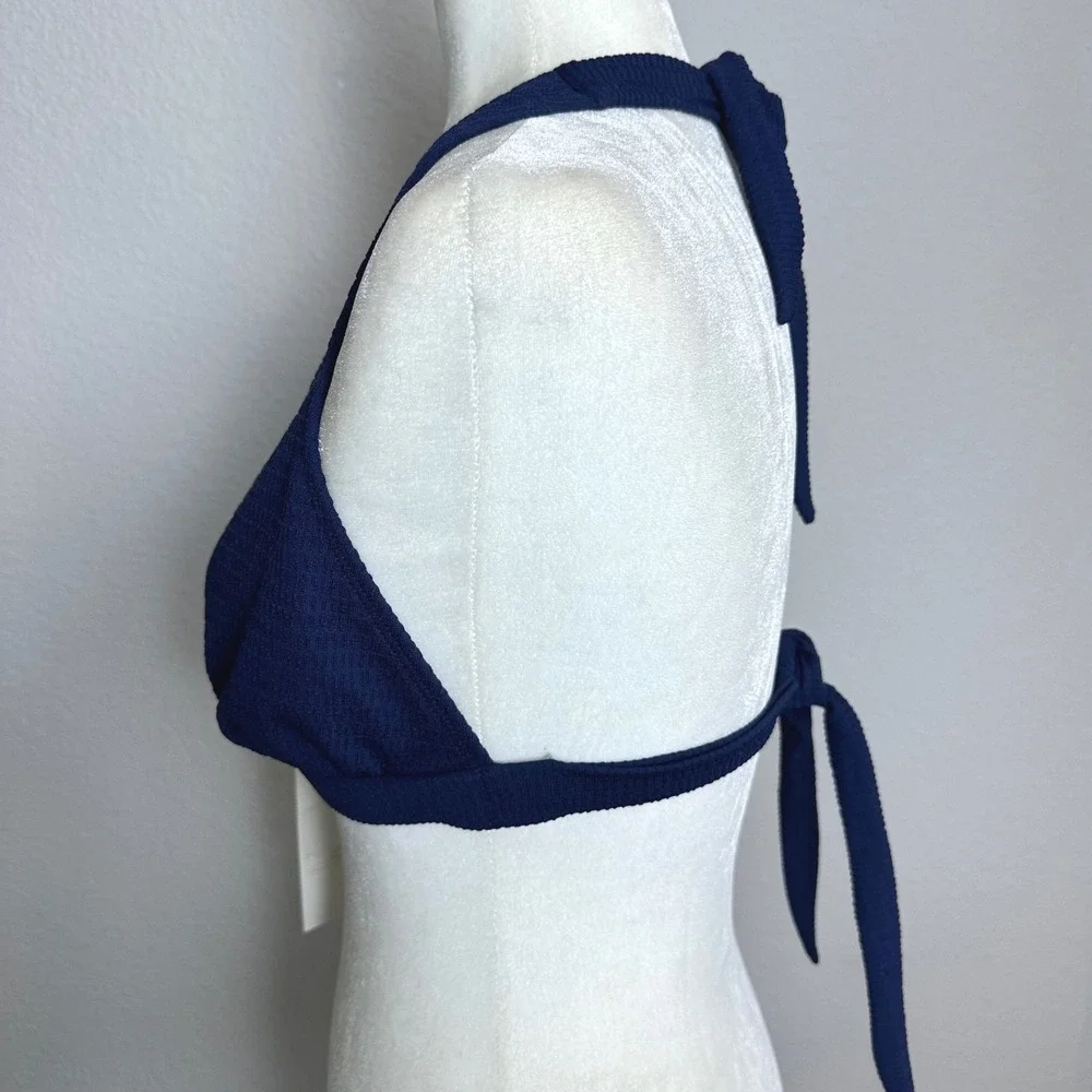 Shoshanna Navy Blue Textured Halter Bikini Top Gold Ring Detail DD NEW Luxury